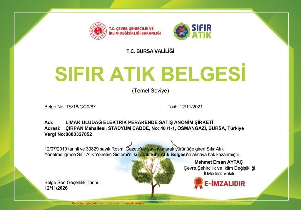 LİMAK ENERJİ ULUDAĞ ELEKTRİK, ‘SIFIR ATIK BELGESİ’ ALMAYA HAK KAZANDI